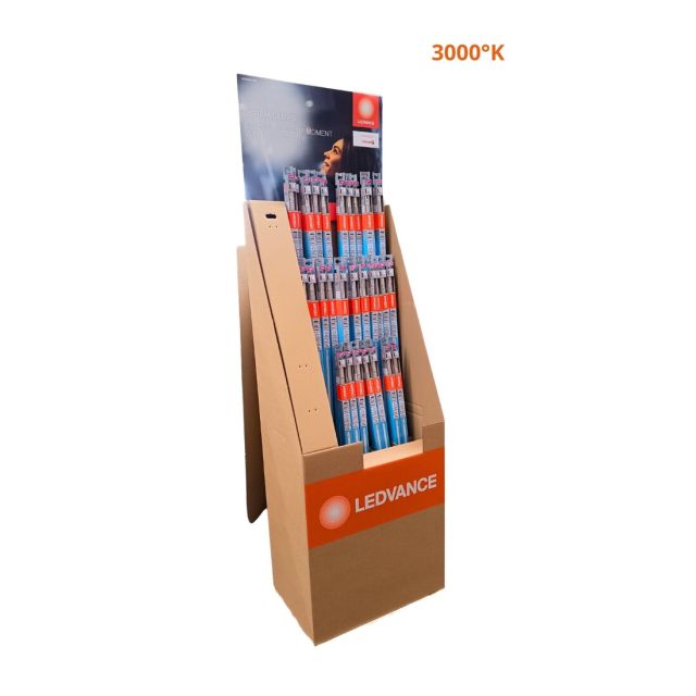 Expositor de cartón para 112 tubos Led Osram de 3000°K 60-12-150cm.  (Ledvance)