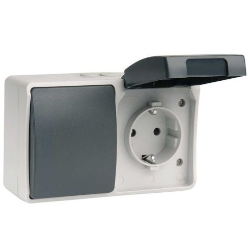 Interruptor/Conmutador y base enchufe gris/negro 16A  IP44 (Simon MS535500)
