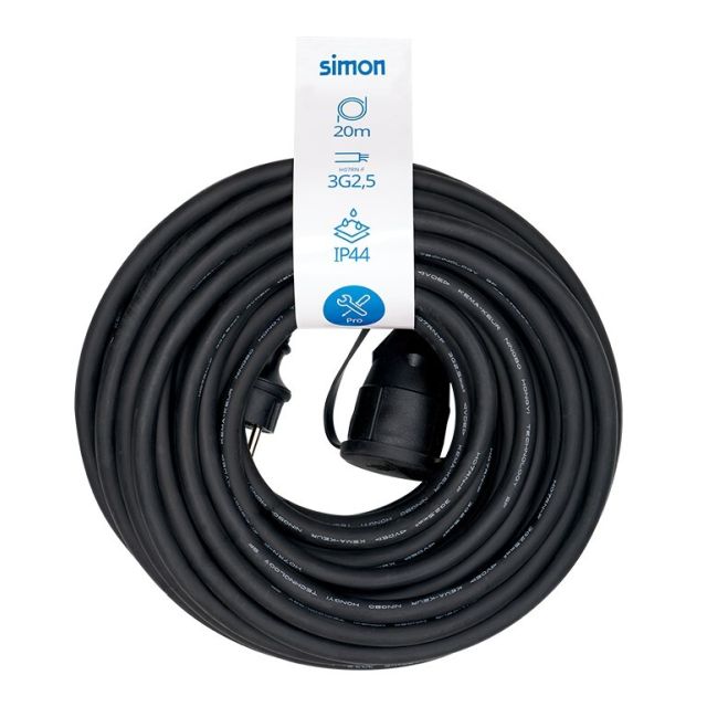 20m. prolongación manguera schuko con tapa 3x2,5mm. negra IP44 (Simon PL122501)