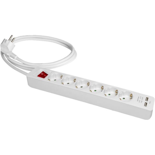 2m. base múltiple 6 tomas + 2 USB con cable de 2m. y con interruptor luminoso  16A 250V Max.3680W(Solera V1053IL)