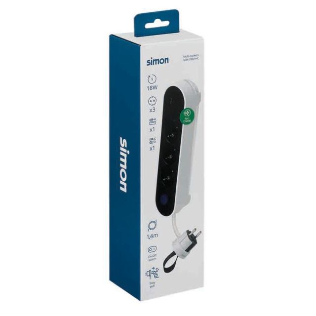 Base múltiple con cable y con interruptor de 3 tomas USB y USB-C blanca (Simon BM716301)