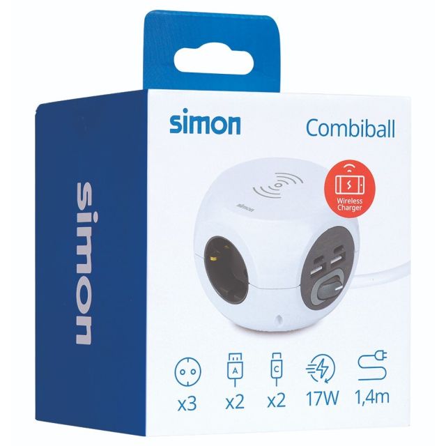 Base múltiple Combiball de 3 tomas + 2 USB, 2 USB-C y carga inalámbrica (Simon BM516306)