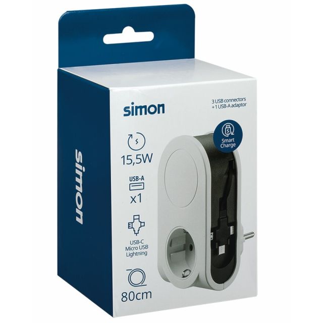 Adaptador una salida blanco con entrada USB-A y cable para carga multiconector (Simon CL610305)