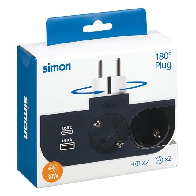 Adaptador giratorio 2 tomas + USB y USB-C Plug III 16A 250V (Simon CL610311)
