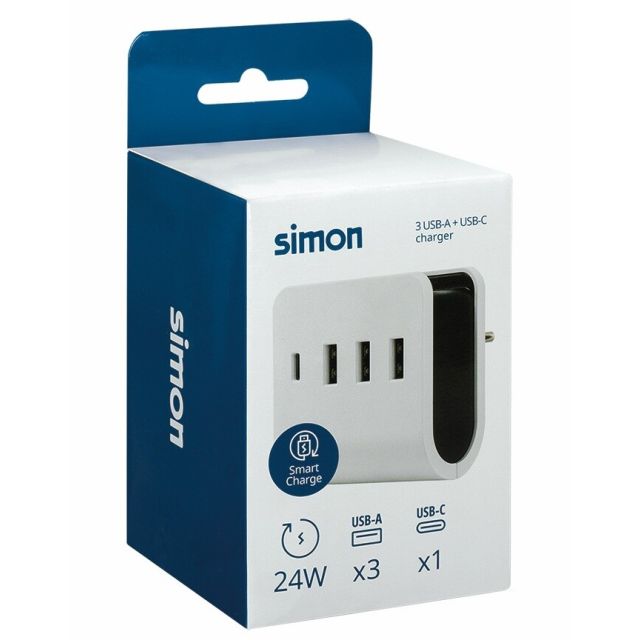 Adaptador 3 USB y USB-C con soporte smartphone 16A 250V (Simon CL610310)