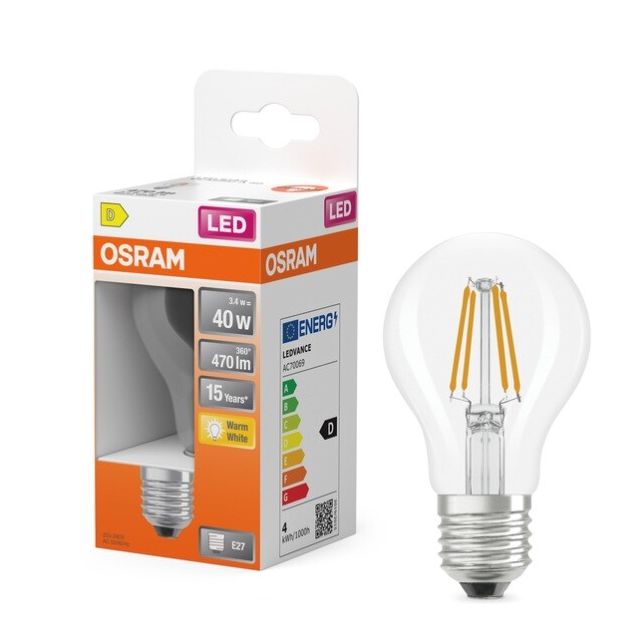 Lámpara estándar cristal Led clara Retrofit 3,4W 2700K 470Lm (Osram 466632)