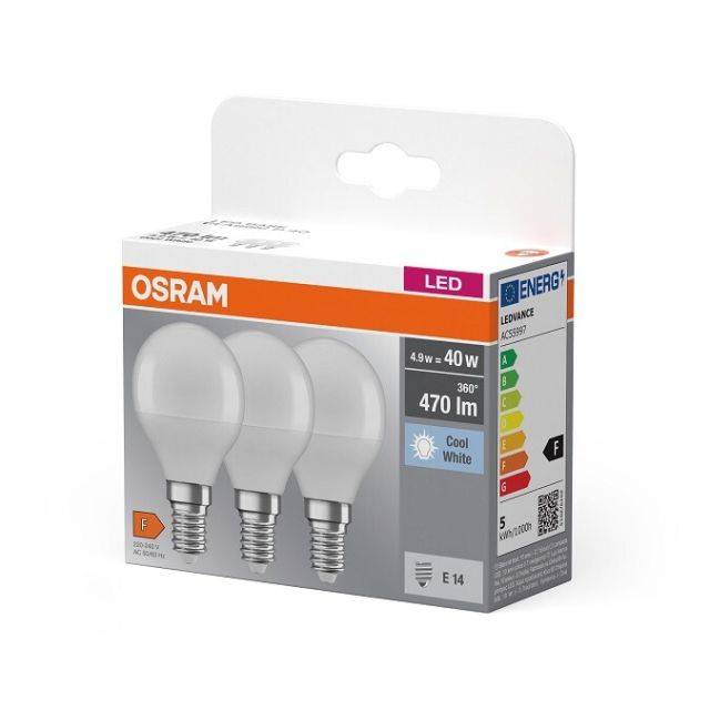 Pack de 3 lámparas esféricas Led mate Base E14 4,9W 4000K (Osram 4058075429727)