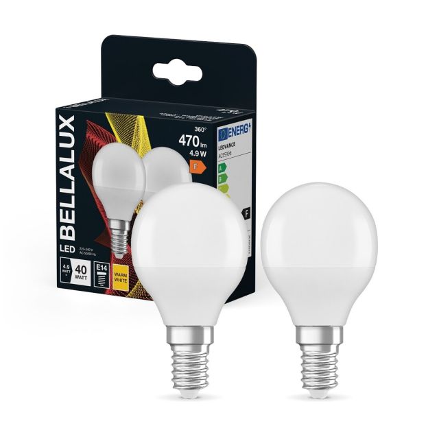 Pack de 2 lámparas esférica Led mate Base E14 4,9W 2700°K (Bellalux 4058075157064)