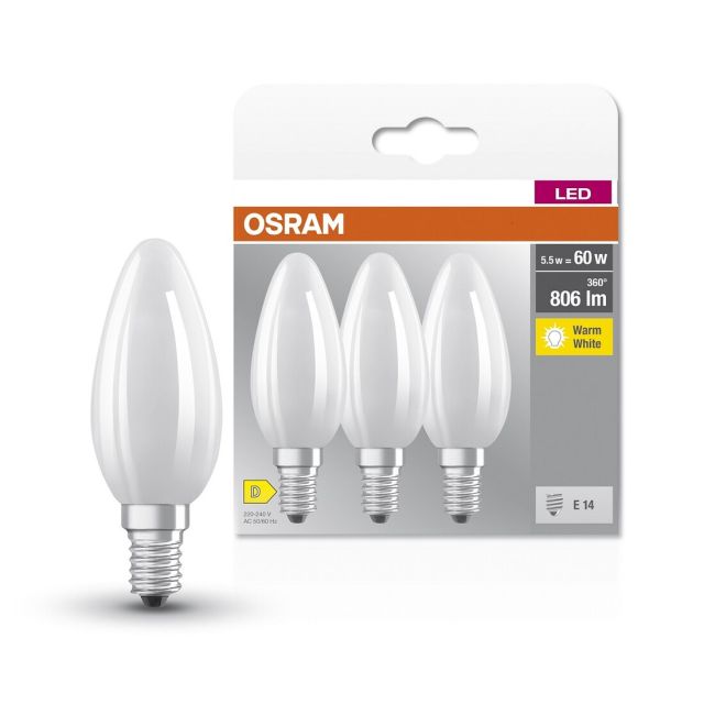 Pack de 3 lámparas vela cristal Led Retrofit mate E14 5,5W 2700°K 806Lm (Osram 4058075592551)