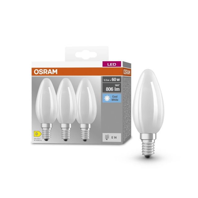 Pack de 3 lámparas vela cristal Led Retrofit mate E14 5,5W 4000°K 806Lm (Osram 4058075592575)