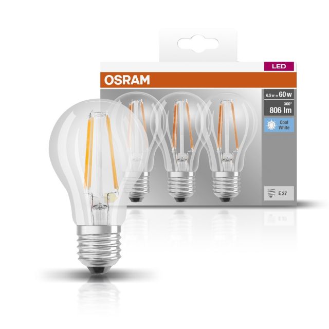 Pack de 3 lámparas estándar fil Led E27 6,5W 4000K (Osram 4058075819290)