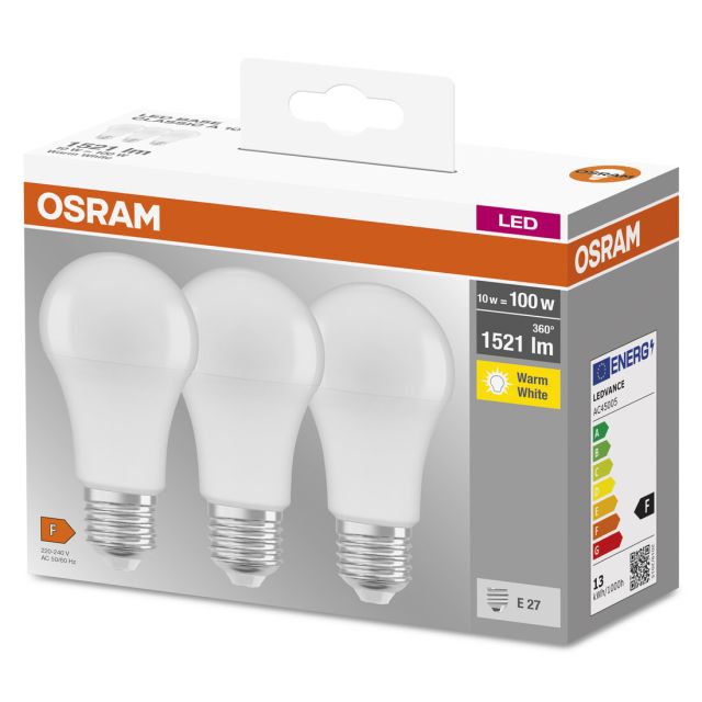 Pack de 3 lámparas Led estándar E27 8,5W 2700K (Osram 4099854046797)