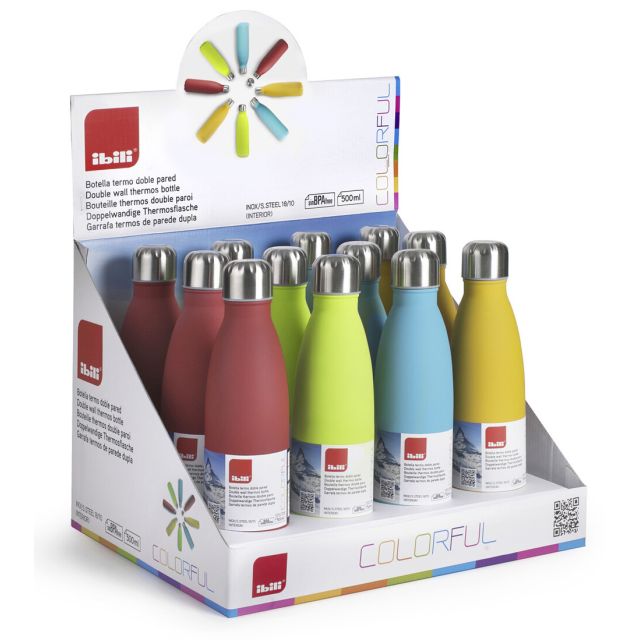 Expositor de 12 botellas termo de pared doble sin BPA inoxidable 18/10 500 ml. (Ibili 758405)