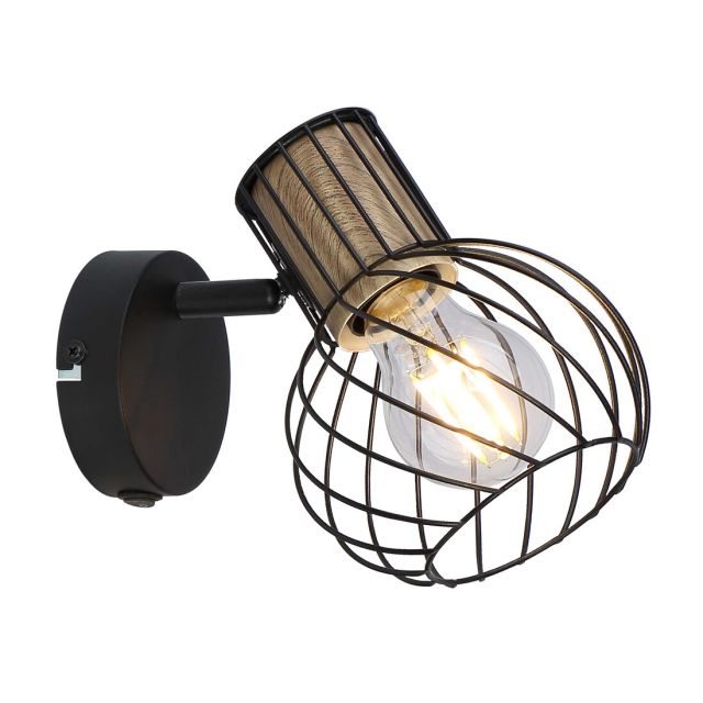 Foco serie Luise con interruptor color negro y madera E27 (Globo 54012-1s)