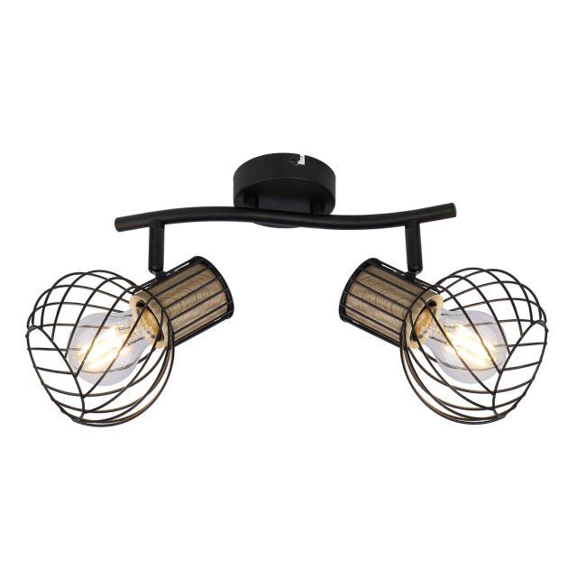 Regleta 2 focos serie Luise color negro y madera E27 (Globo 54012-2s)